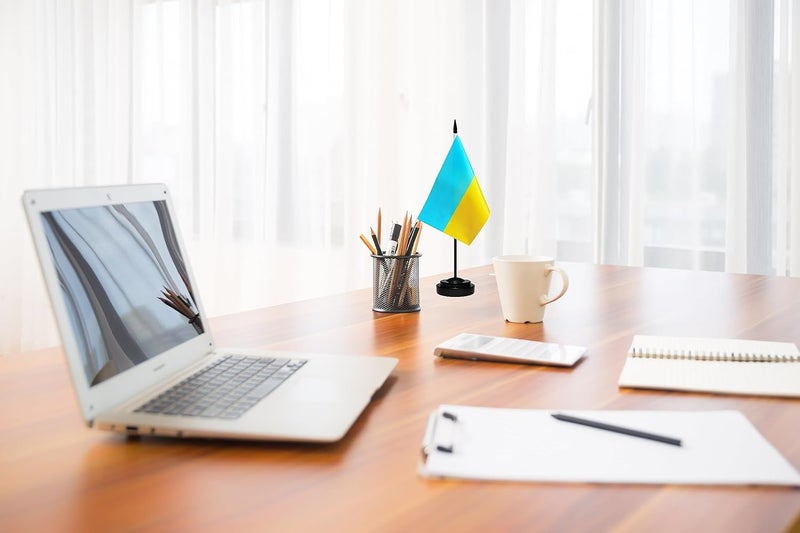 tibijoy USA American & Ukraine Ukrainian Desk Flags, US Ukraine Table Flag, Small Mini Miniature Ukrainian and US Desktop Flag With 13" Solid Black Pole, Black Base - Image 5
